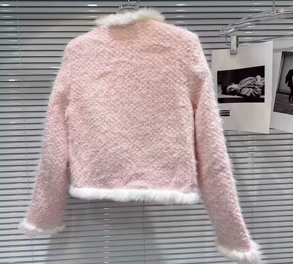 Women Pink Fur Patchwork Tweed Fashion Jacket