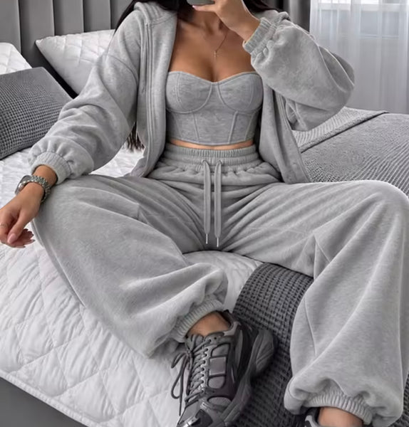 Women Color Hooded Fashion Three Piece Tracksuit Pant Set