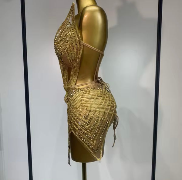 Women Sexy Strapless Rhinestone Mesh Lace Up Dress