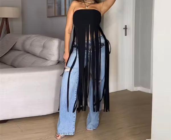 Women Fashion Strapless Suede Fringe Tassel Top