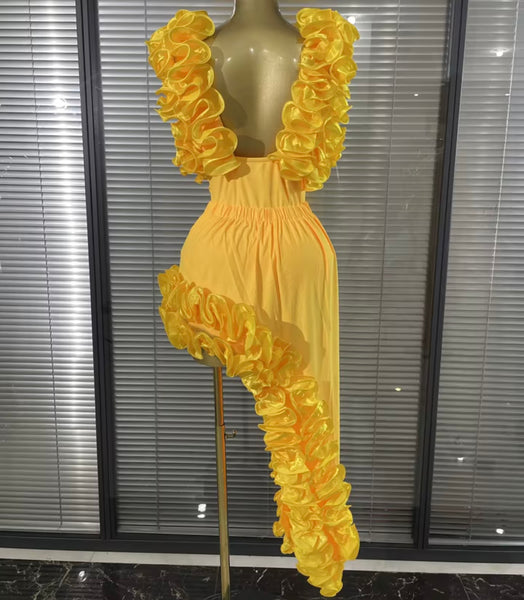 Women Sexy Ruffle Sleeveless Bodysuit Two Piece Asymmetrical Skirt Set