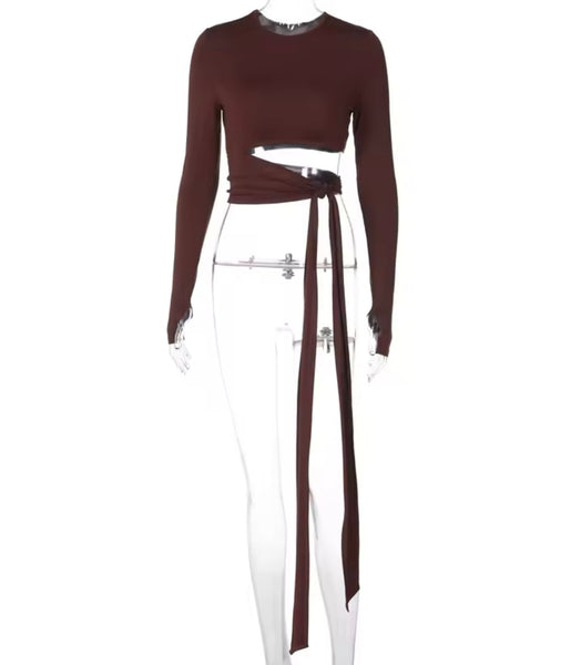 Women Fashion Full Sleeve Cut Out Tie Up Tassel Crop Top