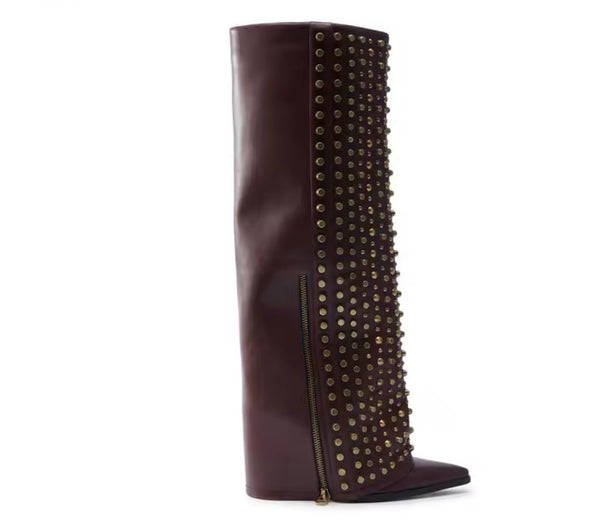 Women Fashion Rivet Zipper Knee High Boots