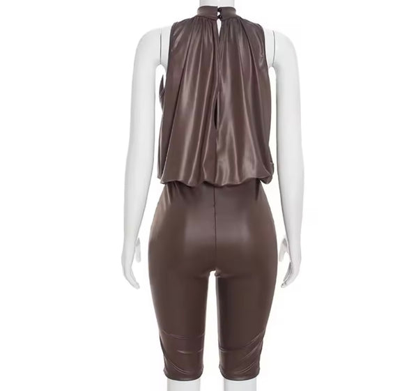 Women Fashion PU Sleeveless Romper