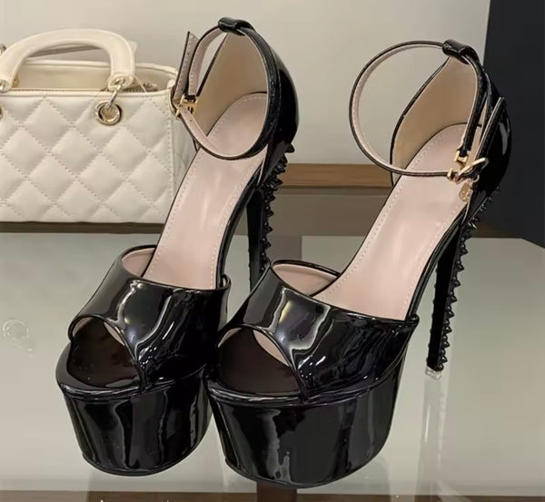 Women Fashion Open Toe Patent Leather Platform Rivet High Heels