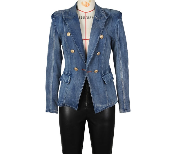 Women Fashion Gold Button Denim Blazer Jacket