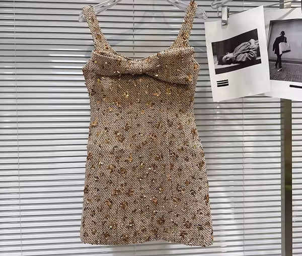 Women Sleeveless Tweed Sequins Bow Fashion Dress