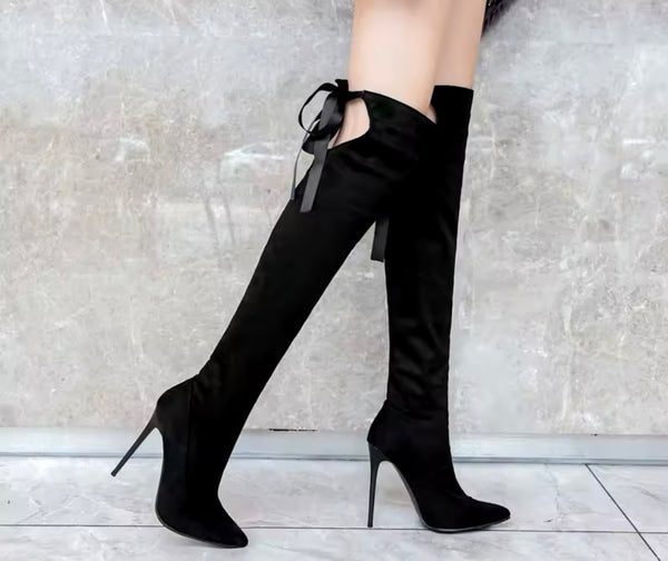 Women Fashion Black Pointed Toe Cut Out Tie Up Knee High Boots