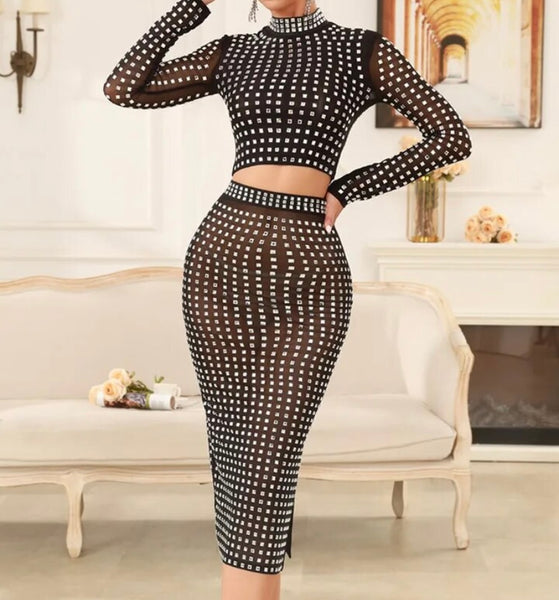 Women Sexy Black Bling Mesh Full Sleeve Crop Two Piece Maxi Skirt Set