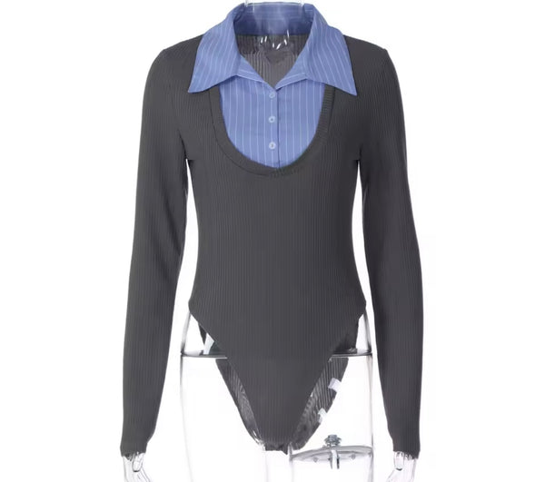 Women Sexy Striped Full Sleeve Bodysuit Two Piece Pleated Skirt Set