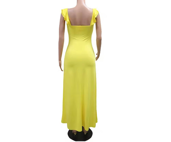 Women Solid Color Sleeveless Ruffled Side Split Sexy Dress