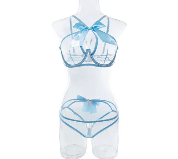 Women Sexy Blue Bow Mesh Lingerie Set