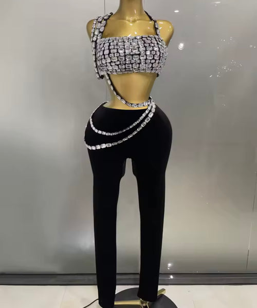 Women Sexy Crystal Halter Crop Two Piece Pant Set