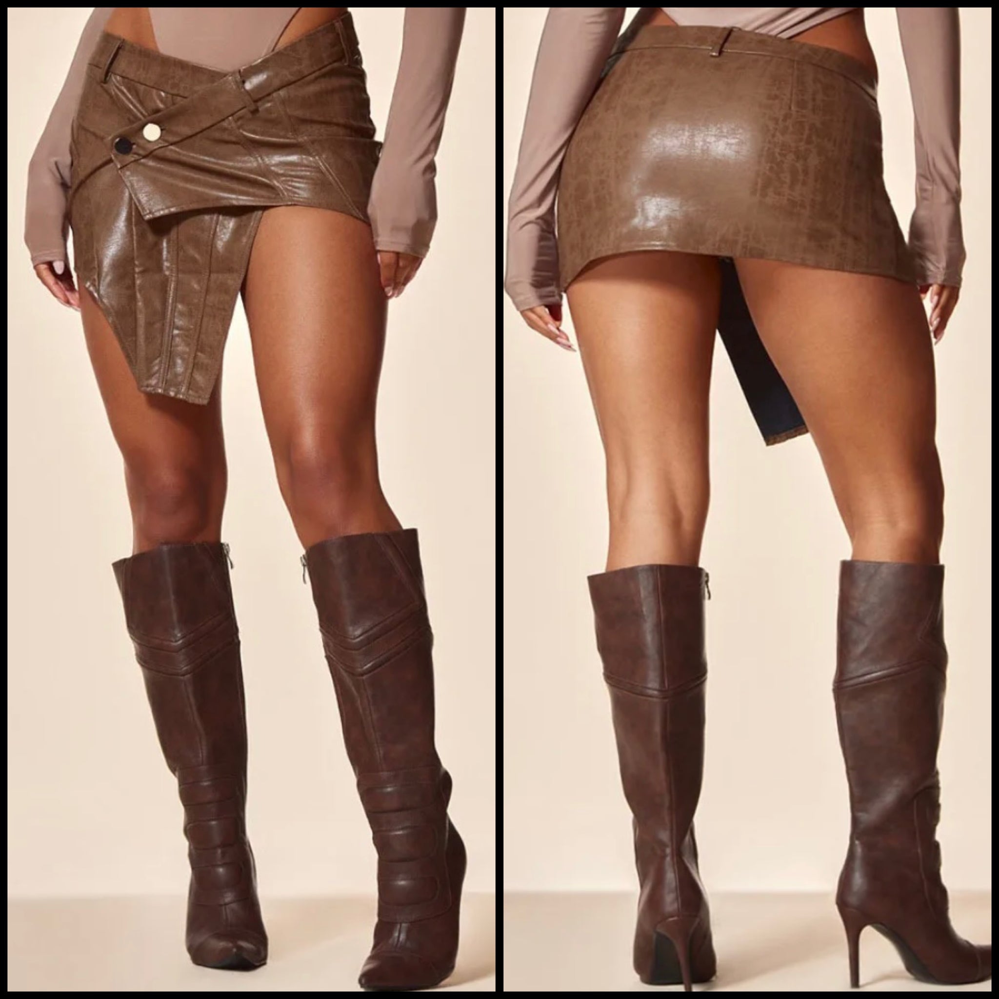 Women Sexy Fashion Brown Faux Leather Button Short Skirt