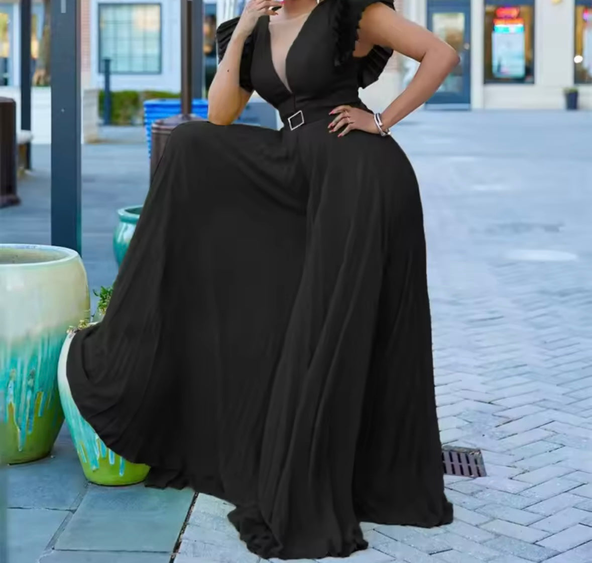 Women Color Short Sleeve Sexy Pleated Jumpsuit