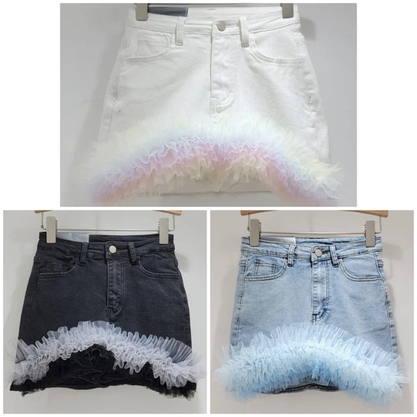 Women Fashion Ruffled Mesh Patchwork Denim Skirt