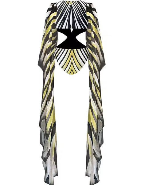Women Sexy Color Striped Cut Out Full Flare Sleeve Swimsuit