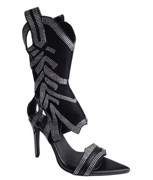 Women Fashion Open Toe Black Rhinestone High Heel Ankle Boots
