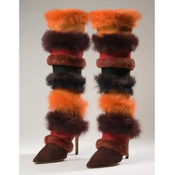 Women Fashion Color Patchwork Faux Fur Suede Knee High Boots