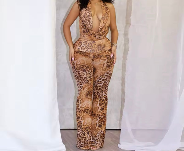 Women Sexy Leopard Halter Sleeveless Two Piece Pant Set