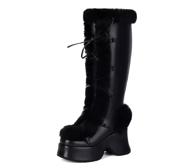 Women Fashion Faux Leather Fur Patchwork Platform Knee High Boots