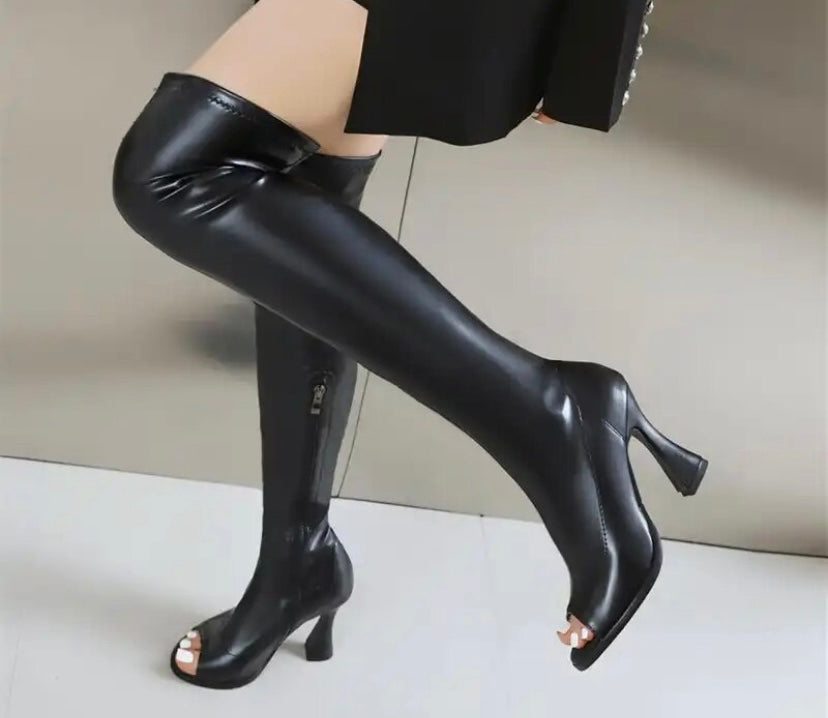 Women Black Open Toe Over The Knee Fashion Boots