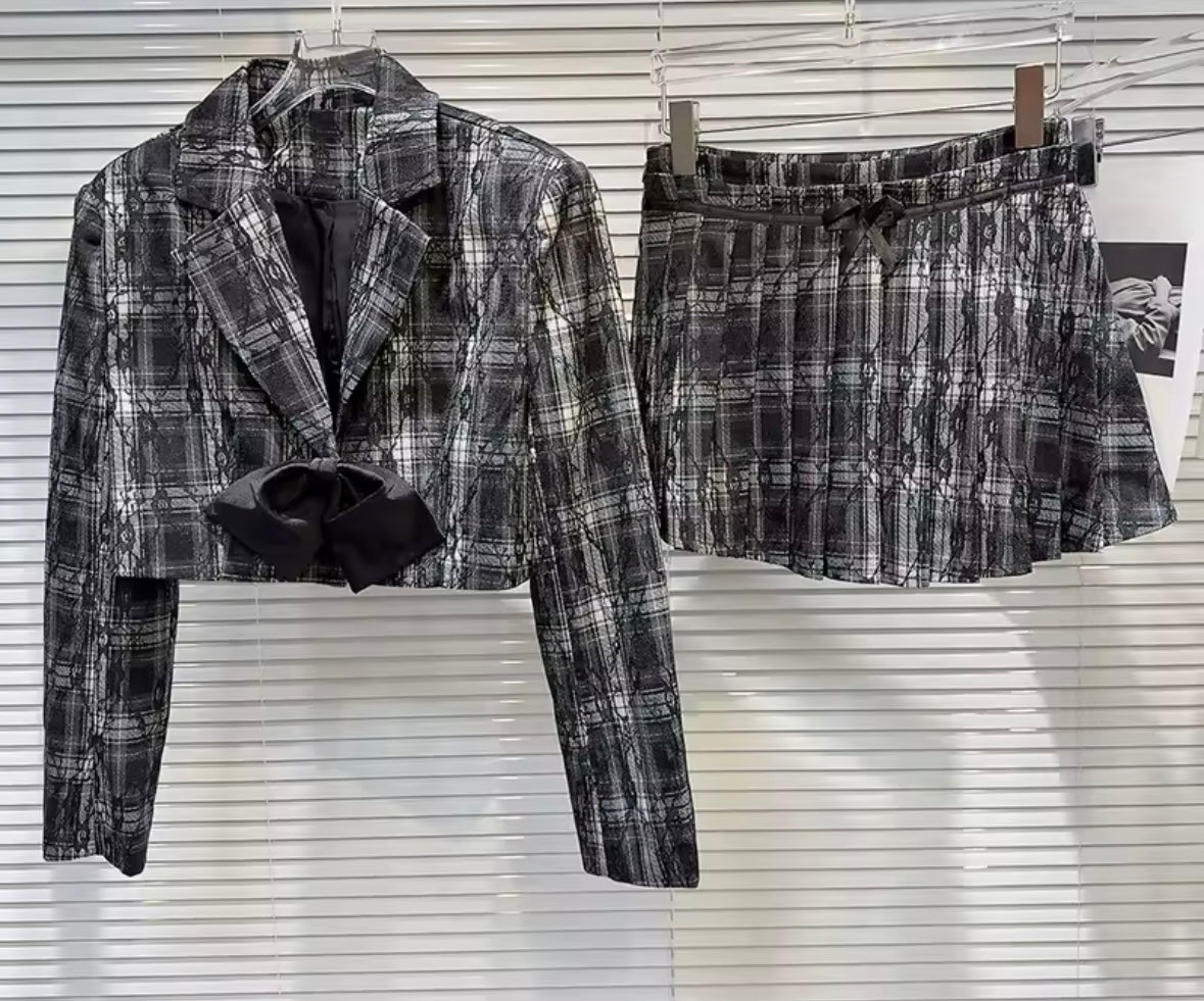 Women Plaid Bow Blazer Two Piece Pleated Skirt Set