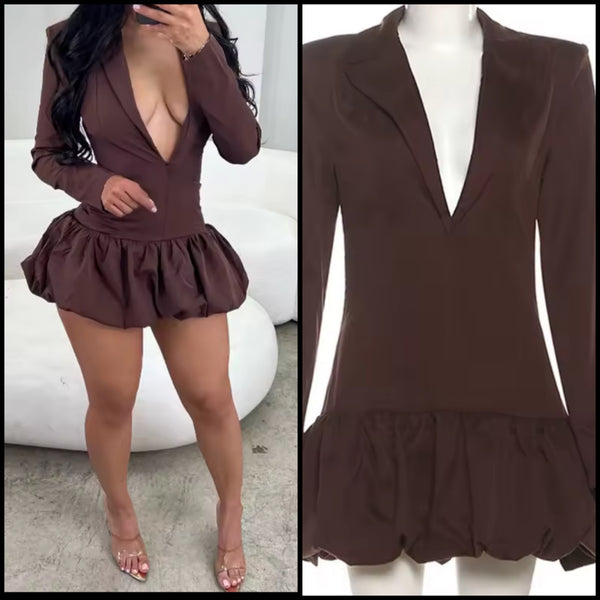 Women Sexy Brown Deep V-Neck Full Sleeve Blazer Dress