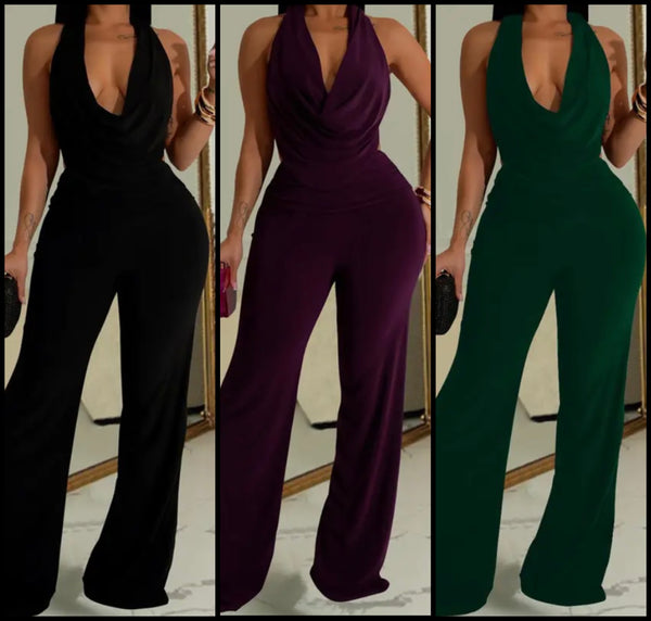 Women Sexy Solid Color Halter Sleeveless Jumpsuit