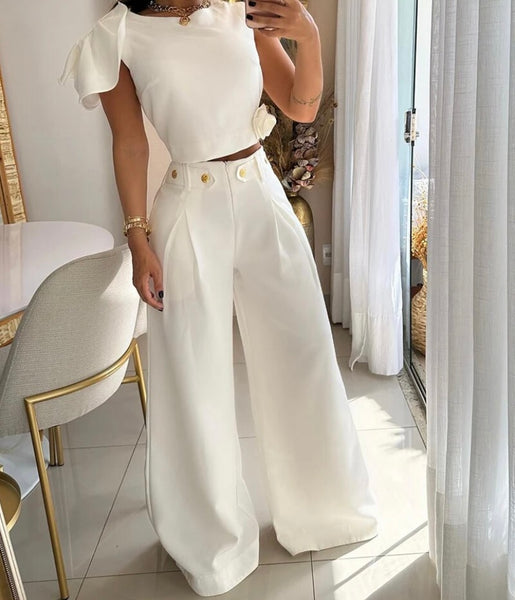 Women Black/White Gold Button Short Sleeve Fashion Pant Set