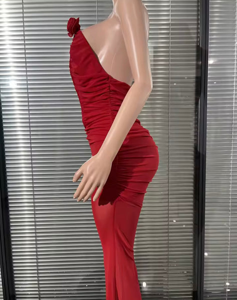 Women Red 3D Floral Strapless Ruched Mesh Jumpsuit