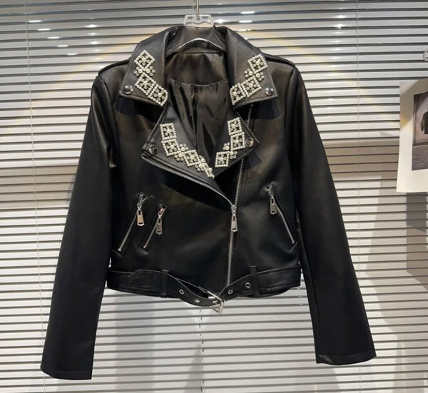 Women Bling Patchwork Fashion Faux Leather Jacket