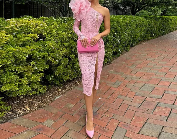 Women Sexy Pink Floral One Shoulder Lace Side Split Dress