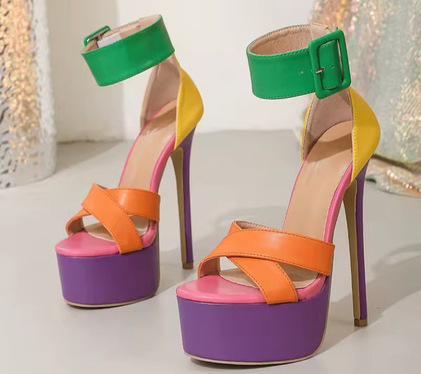 Women Color Patchwork Platform Ankle Strap High Heel Sandals