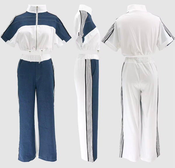 Women Fashion Color Patchwork Zip Up Short Sleeve Two Piece Pant Set