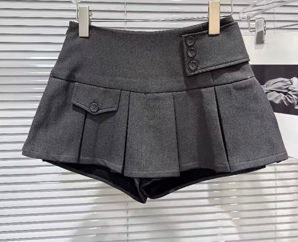 Women Button Pocket Sexy Fashion Pleated Skirt