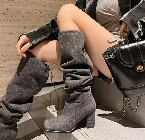 Women Denim Drawstring Fashion Square Heel Boots