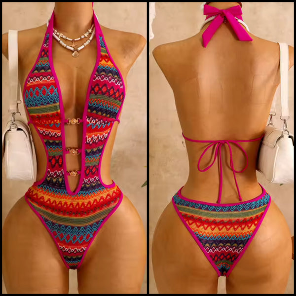 Women Sexy Halter Pink Colorful Print Knitted Sweatsuit