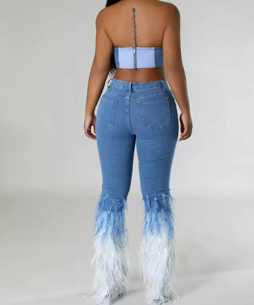 Women Sexy Strapless Denim Two Piece Feather Pant Set