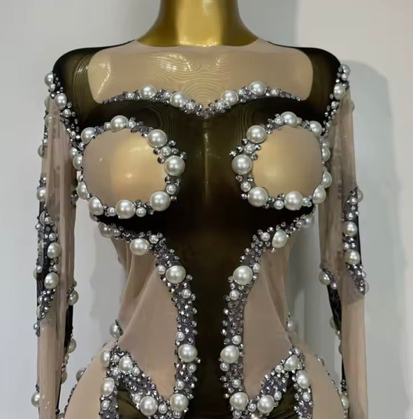 Women Sexy Black Pearl Rhinestone Mesh Patchwork Jumpsuit