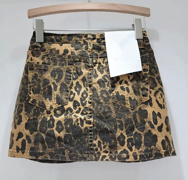 Women Fashion Color Leopard Print Denim Skirt