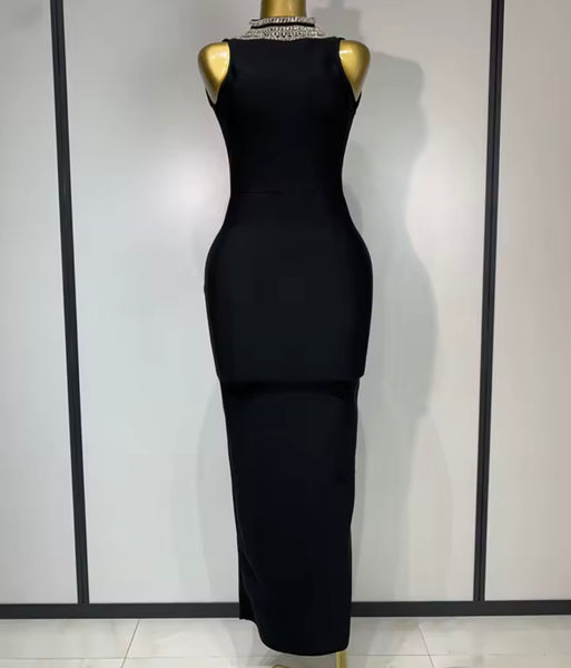 Women Black Sleeveless Open Back Rhinestone Maxi Dress