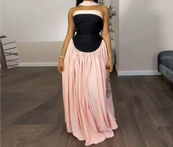 Women Sexy Strapless Color Patchwork Pleated Maxi Dress