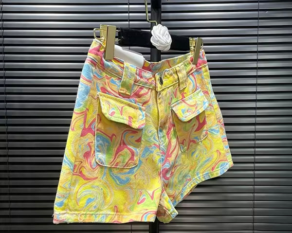 Women Fashion Yellow Printed Denim Shorts
