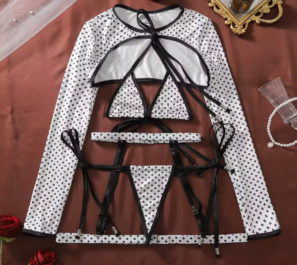 Women Sexy White Polka Dot Lingerie Set
