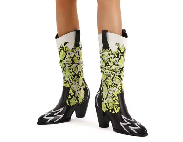 Women Fashion Color Animal Print Faux Leather Western Boots