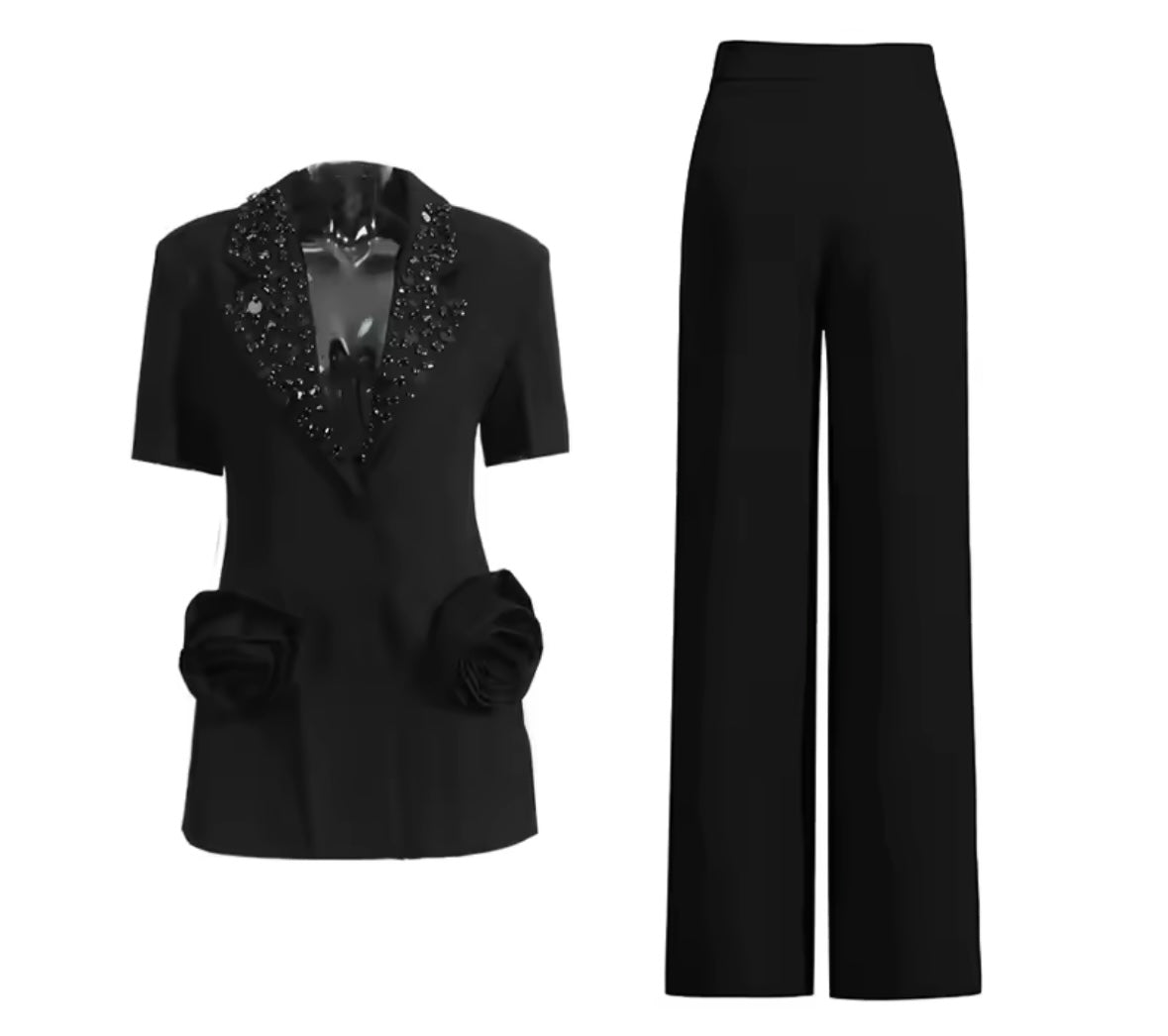 Women Sequins Short Sleeve Blazer Two Piece Pant Set