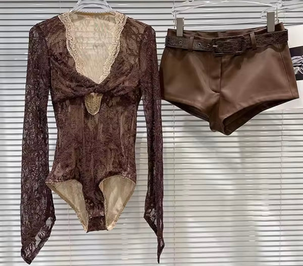 Women Brown Lace Full Sleeve Two Piece Faux Leather Short Set