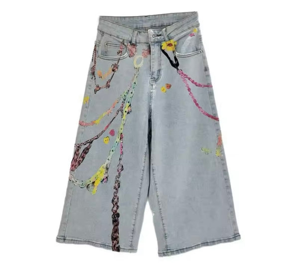 Women Fashion Printed Denim Capri Pants