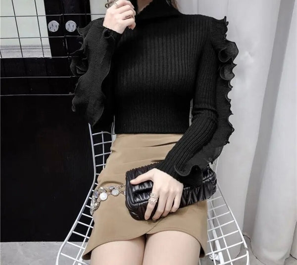 Women Fashion Turtleneck Ruffled Full Sleeve Ribbed Top